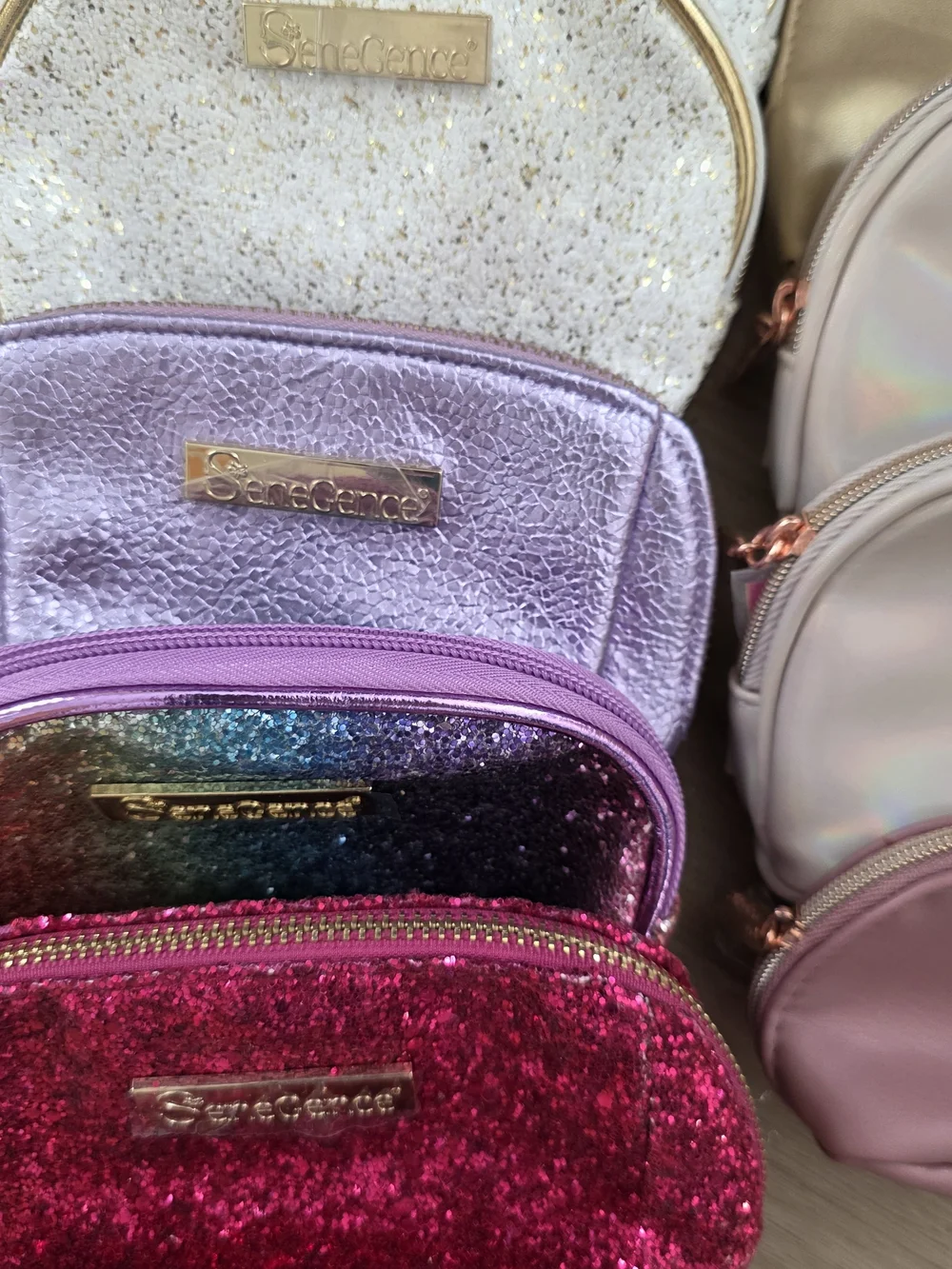 SeneGence Assorted Cosmetic Pouch Set — Pink, Purple, Gold, Beige. Set Of 14